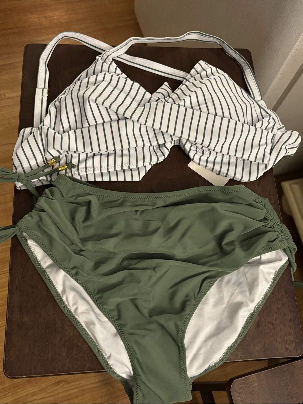 BNWT Striped White & Green Bikini Set, Size Medium